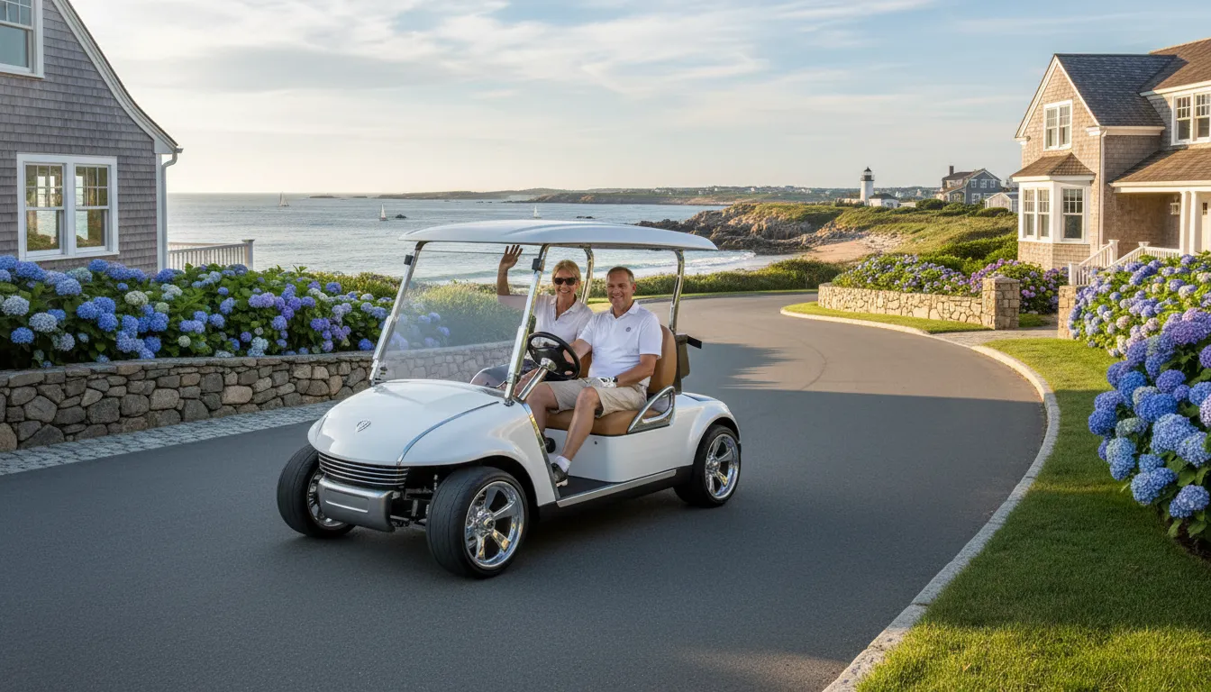 Lithium golf cart in a New England coastal neighborhood