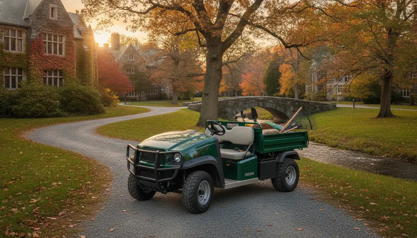 Commercial low-speed utility vehicle with cargo bed on a New England campus