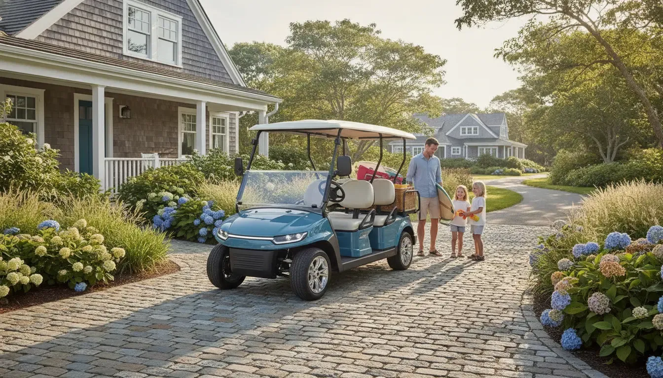 Four-passenger low-speed vehicle for personal use near a New England home