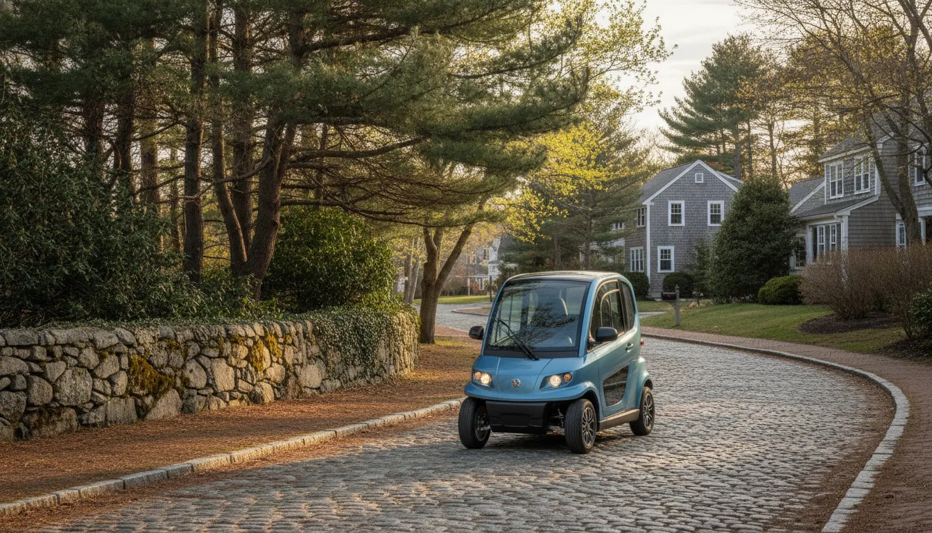 Low-speed vehicle on a quiet New England neighborhood road