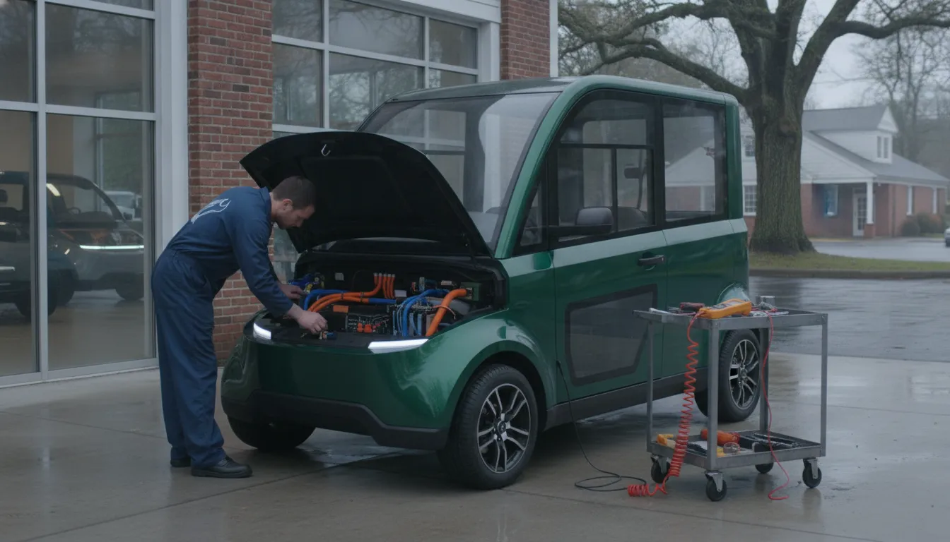 Technician inspecting an electric low-speed vehicle at a New England dealership
