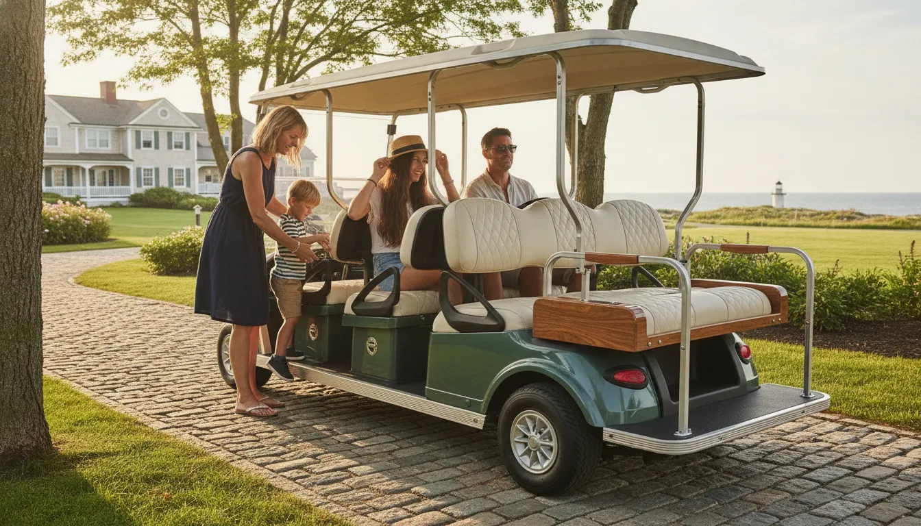 Premium seating and rear storage on a luxury 6 seater golf cart