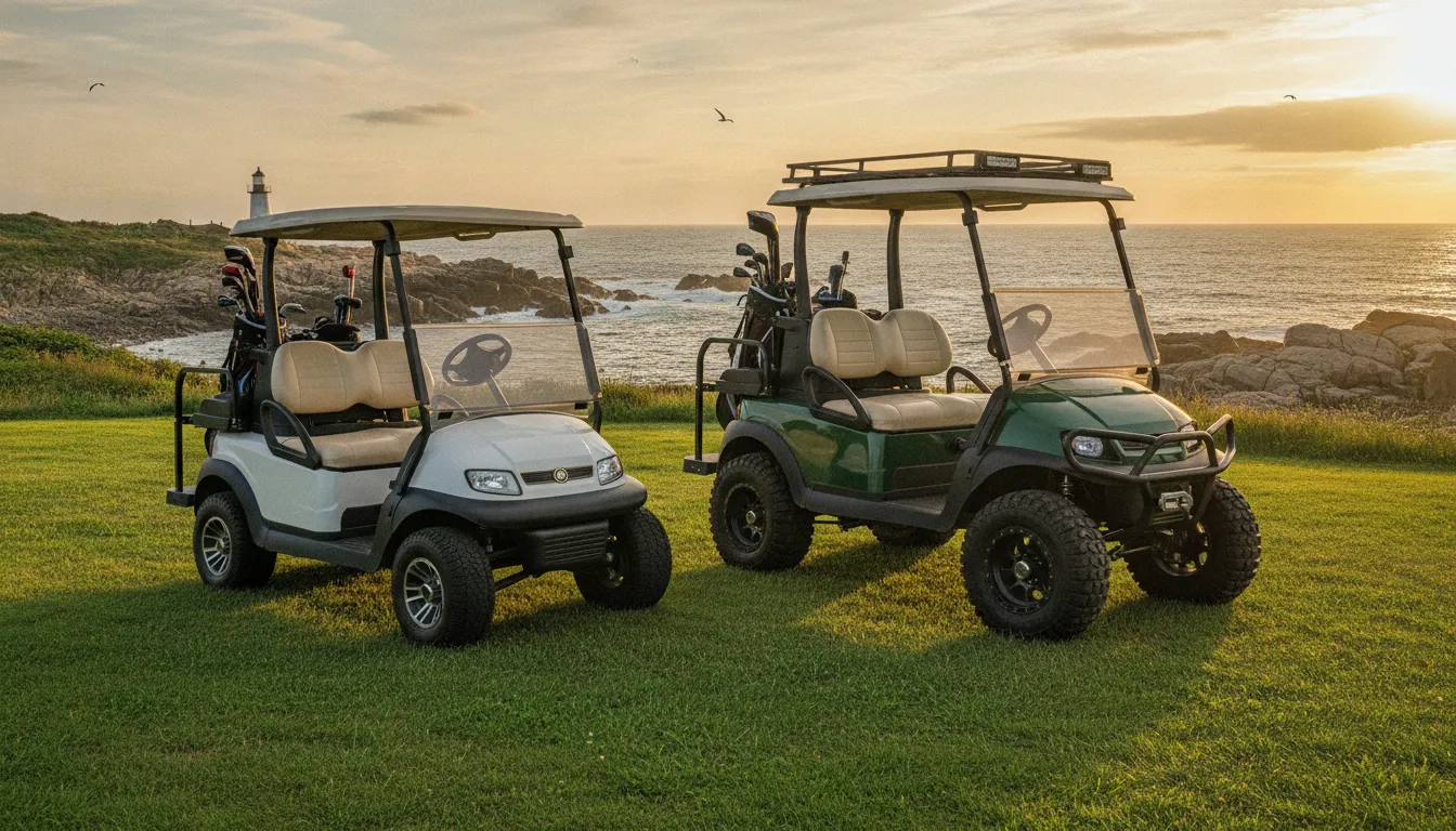 Lifted and standard Club Car Onward golf carts on a New England coastal property