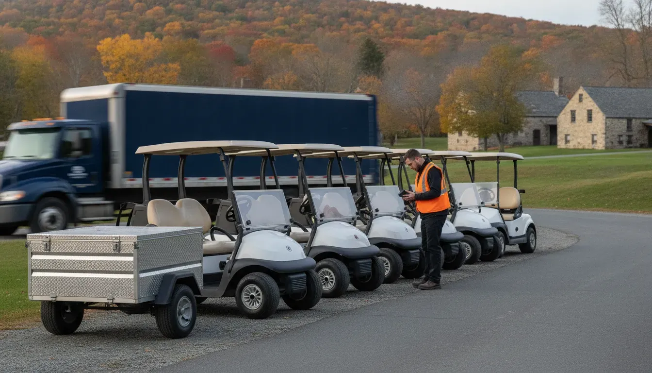 Event coordinator inspecting golf carts staged for rental delivery in New England