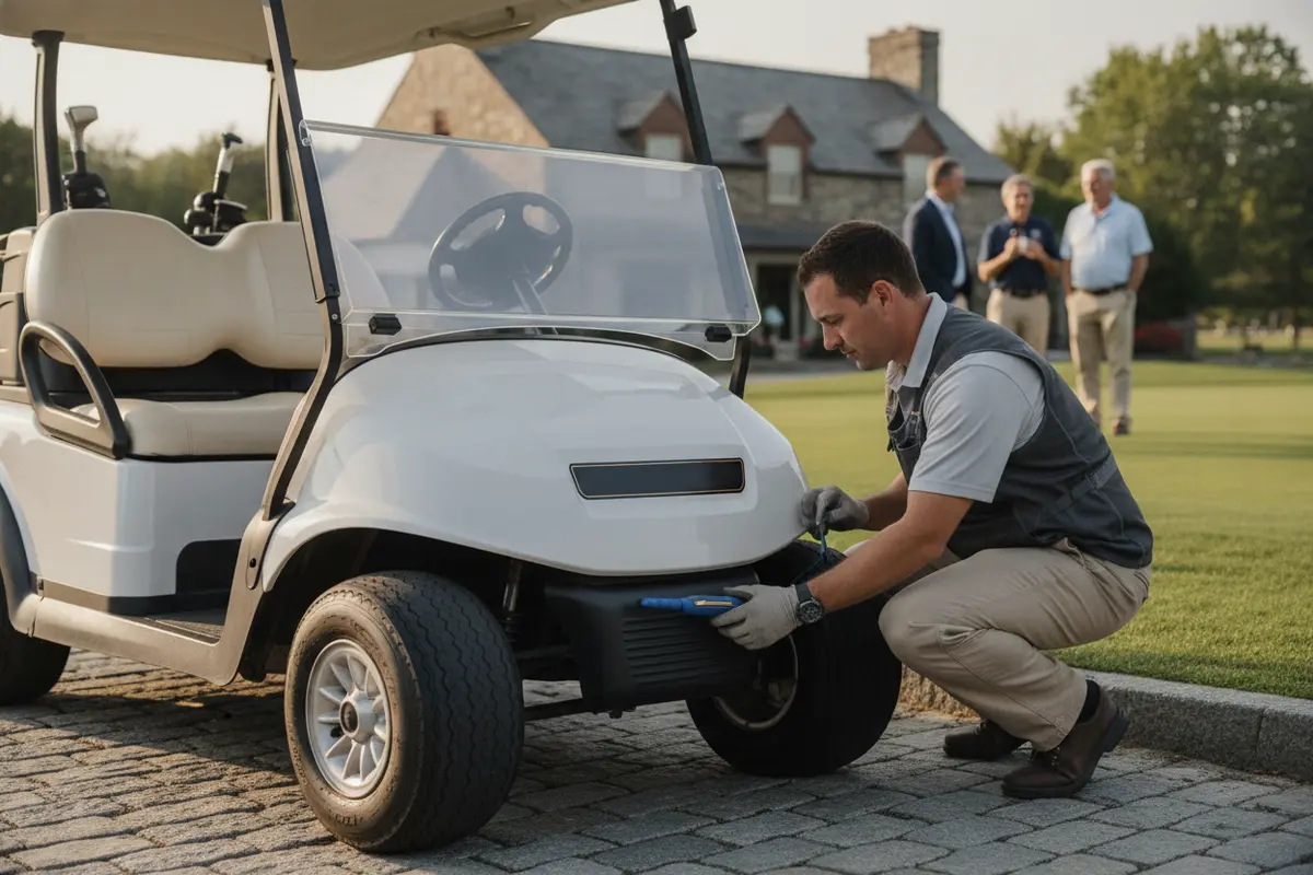 Rental technician checks a golf cart before handoff