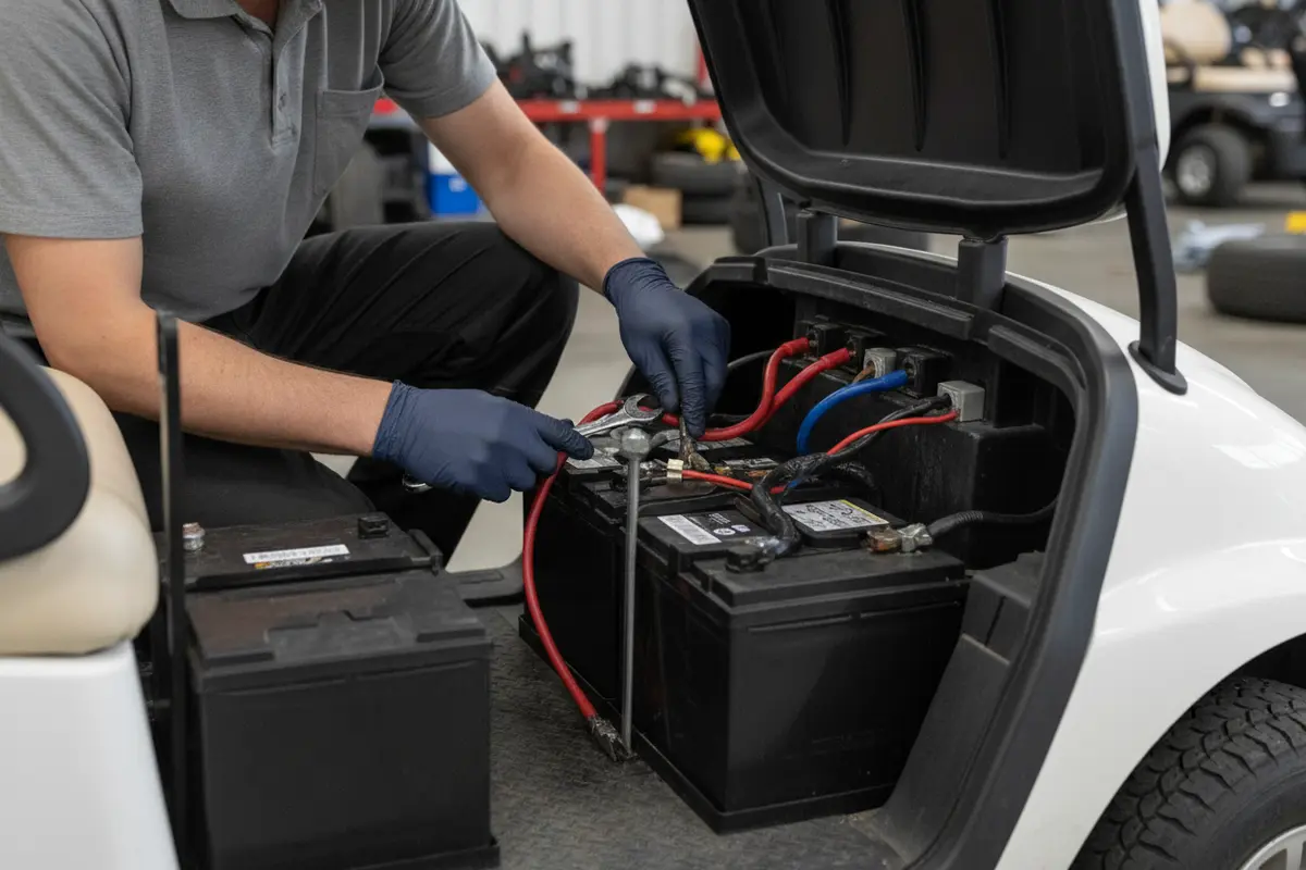 Technician checking golf cart battery connections during installation