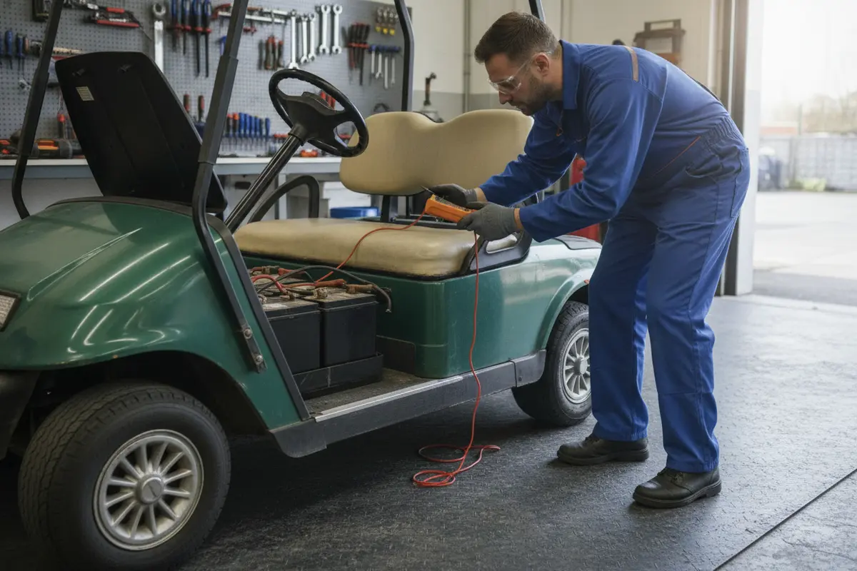Technician checking the battery compartment of a used golf cart