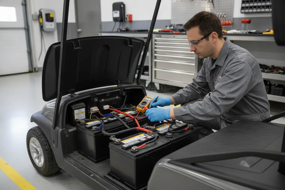 Technician checking the battery compartment of an electric golf cart