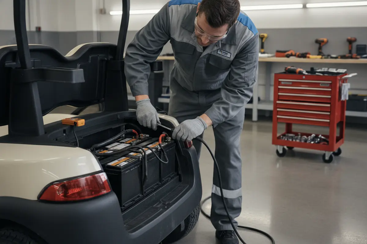 Technician checks a golf cart battery connection before rental