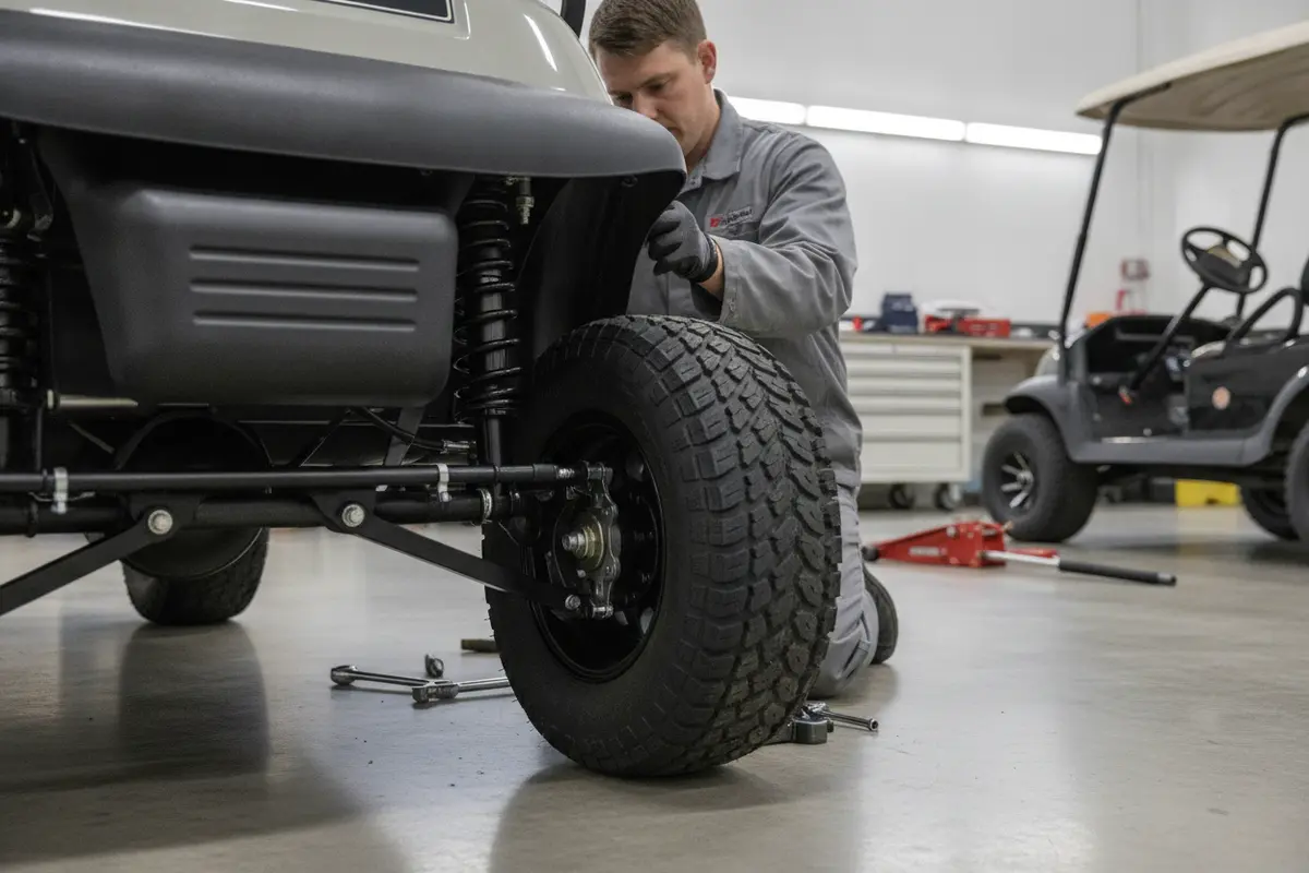 Technician fitting a lift kit to a golf cart in a service bay
