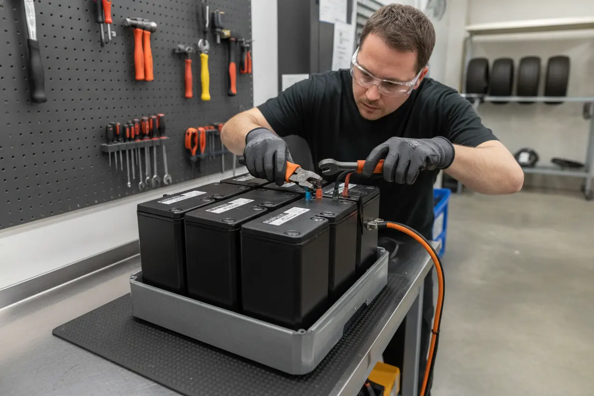 Technician inspecting a golf cart battery pack before replacement