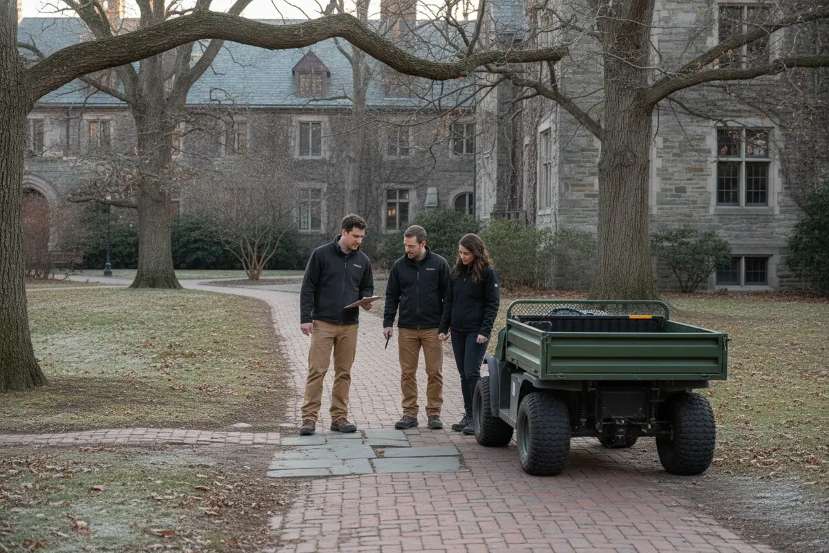 Town facilities staff evaluating a compact utility vehicle route on a public campus