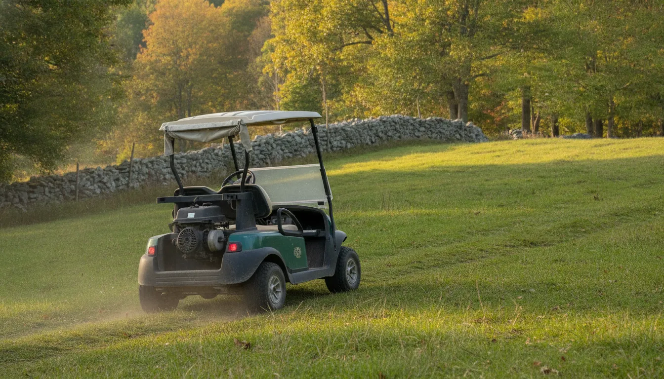 Used gas golf cart climbing a New England hillside