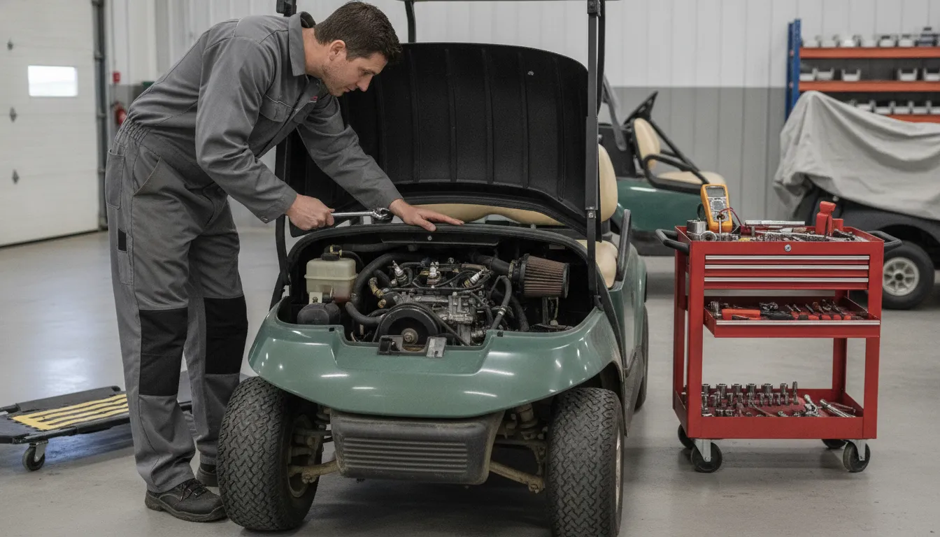 Technician inspecting the engine of a used gas golf cart
