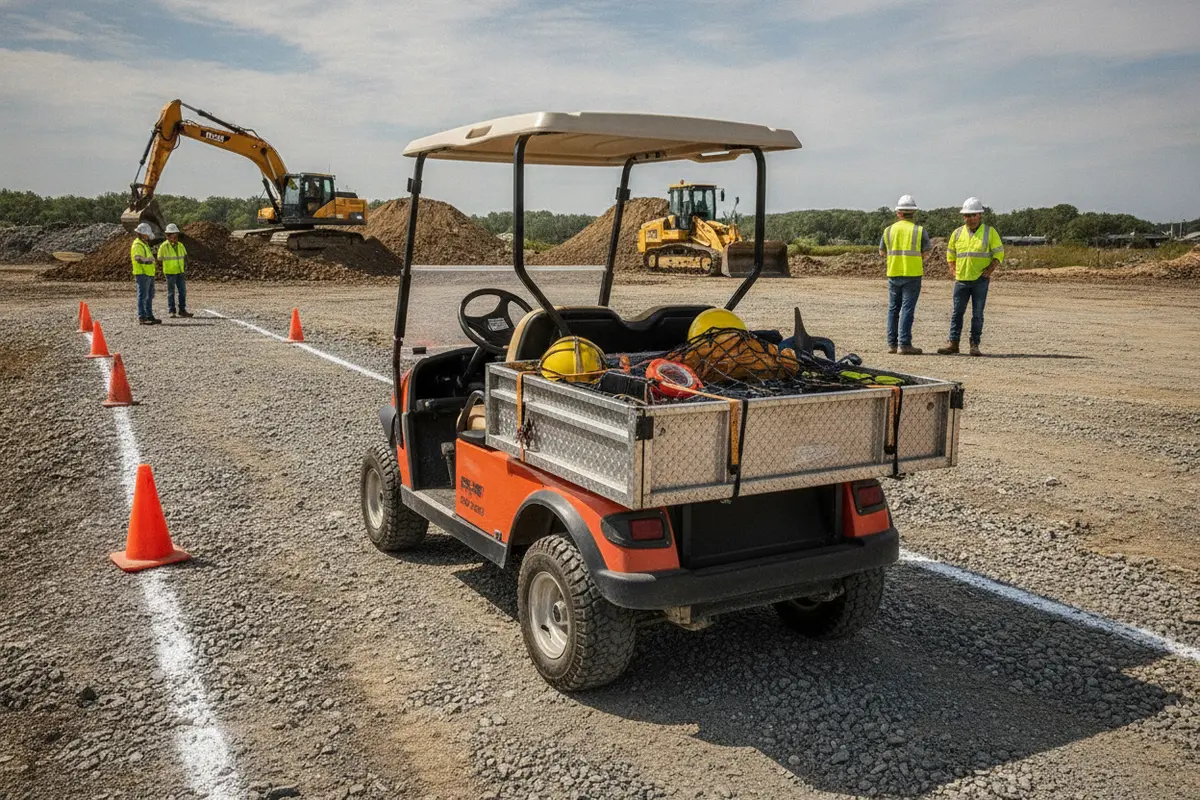 Utility cart following a marked route beside a construction work zone