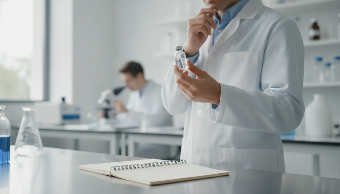 Physician reviewing an unbranded peptide vial in a bright clinical laboratory