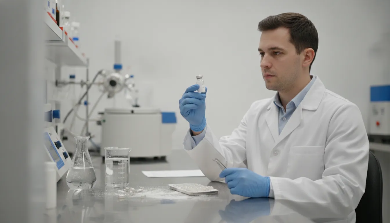Pharmacist inspecting an unbranded medication vial in a quality-control workspace
