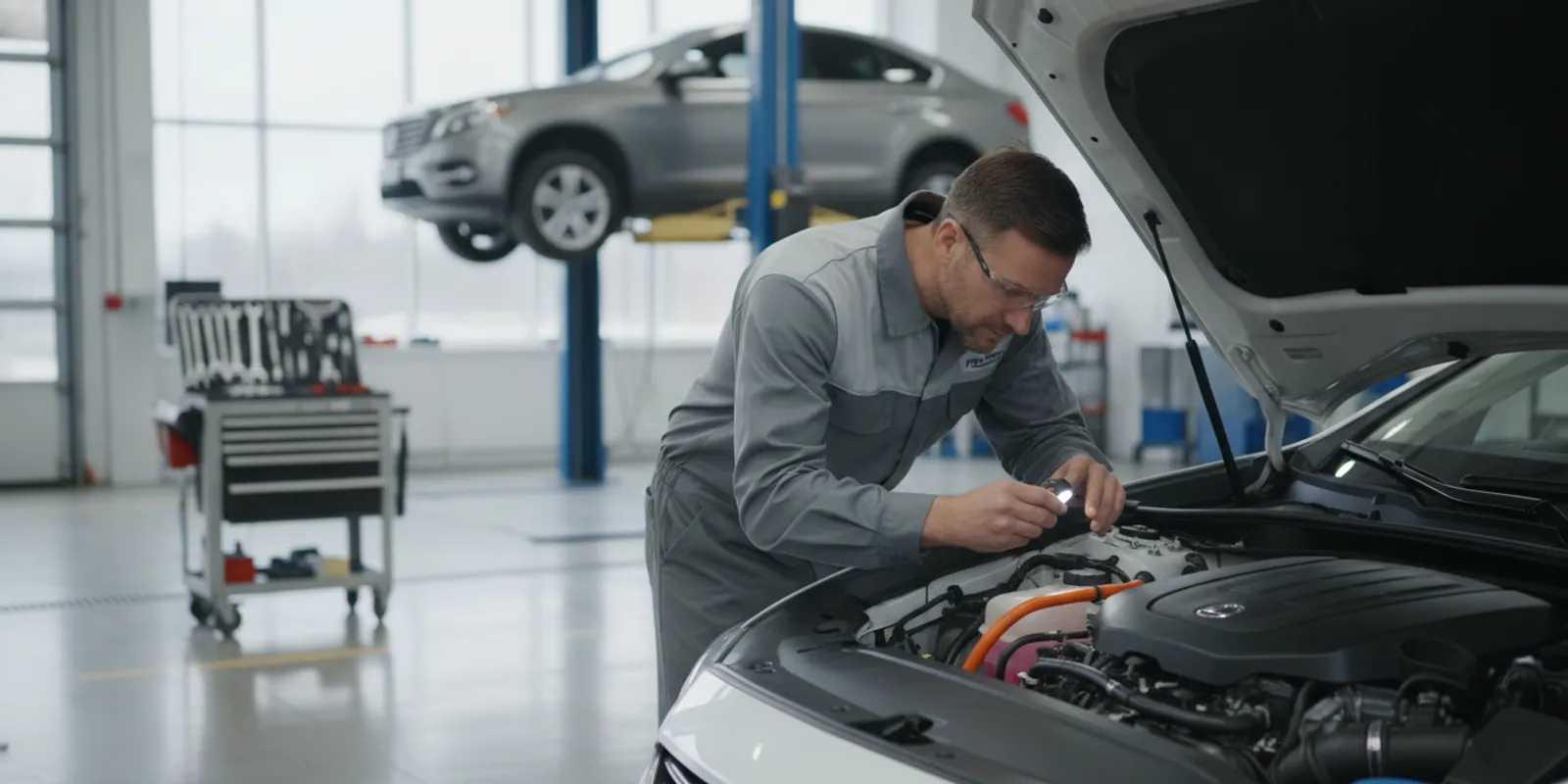 Technician inspecting the open hood of a pre-owned hybrid luxury car