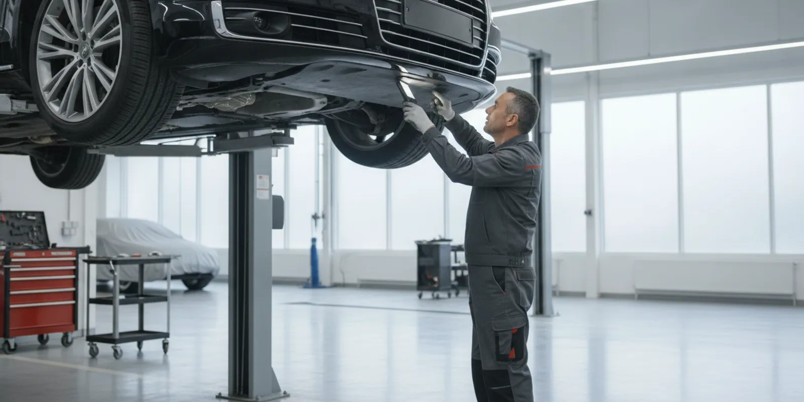 Technician inspecting the frame and body panels of a pre-owned luxury car