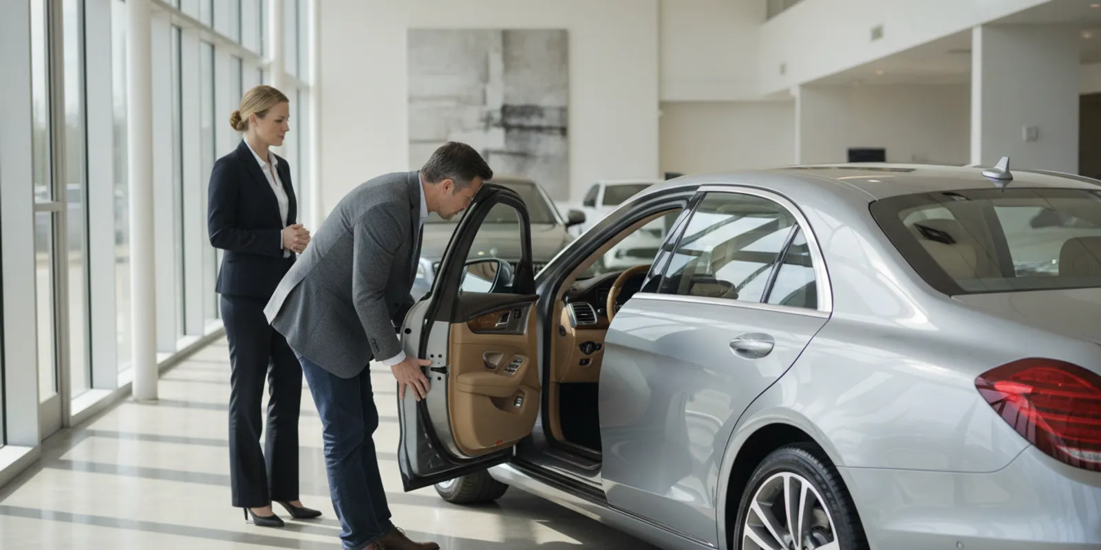 A shopper inspecting a pre-owned luxury sedan in a bright dealership showroom
