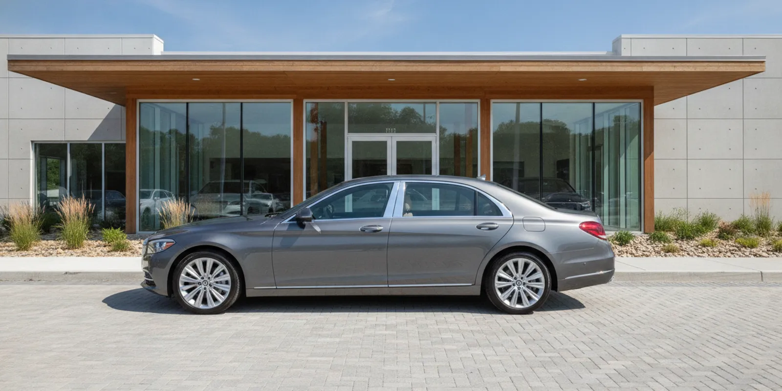 Pre-owned luxury sedan parked outside a modern dealership