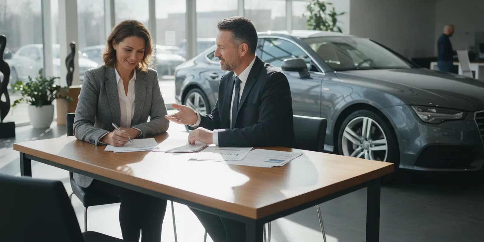 A shopper reviewing paperwork beside a pre-owned luxury vehicle at a dealership