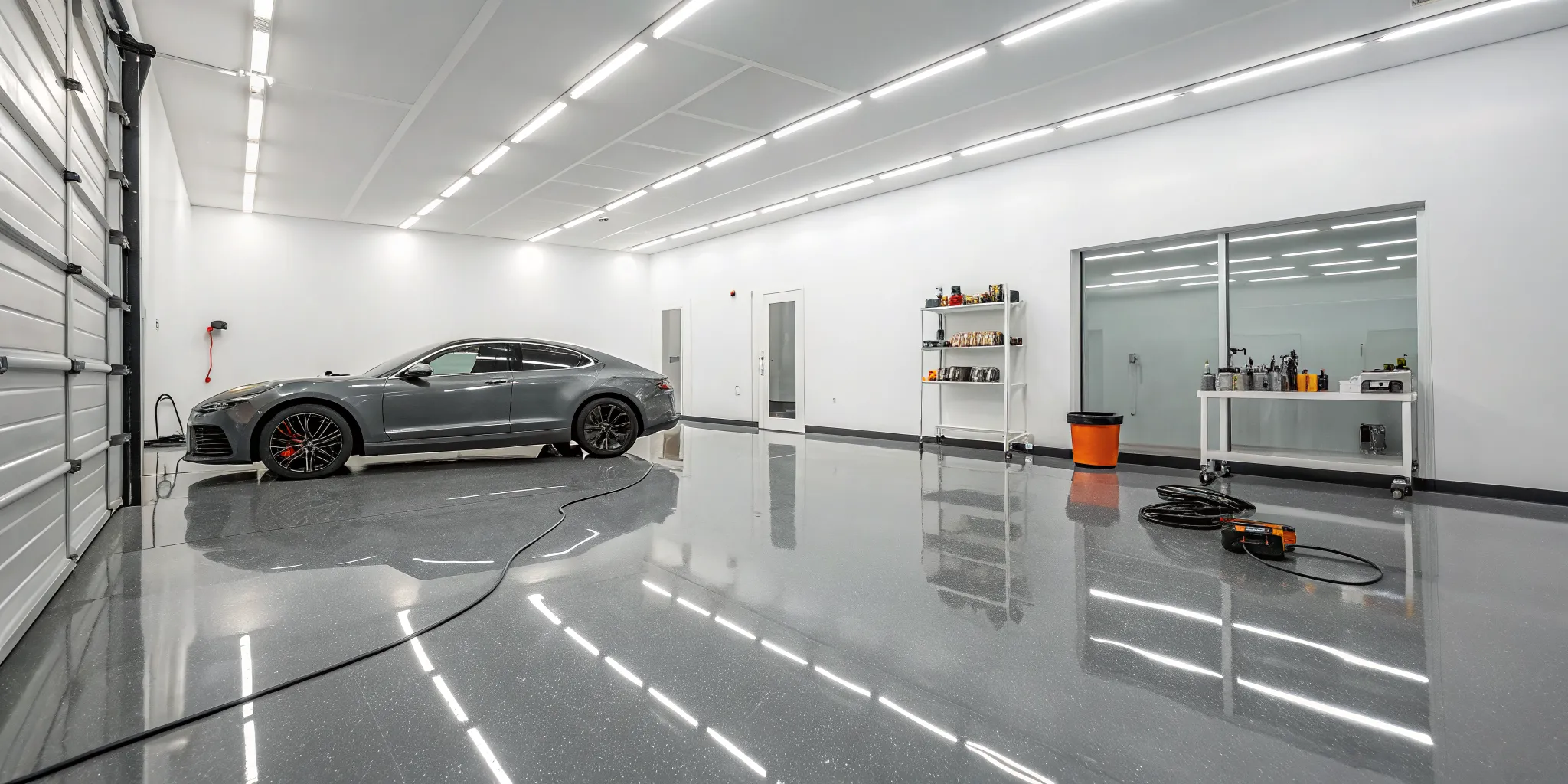 Luxury car receiving a professional car detailing service in a modern garage.
