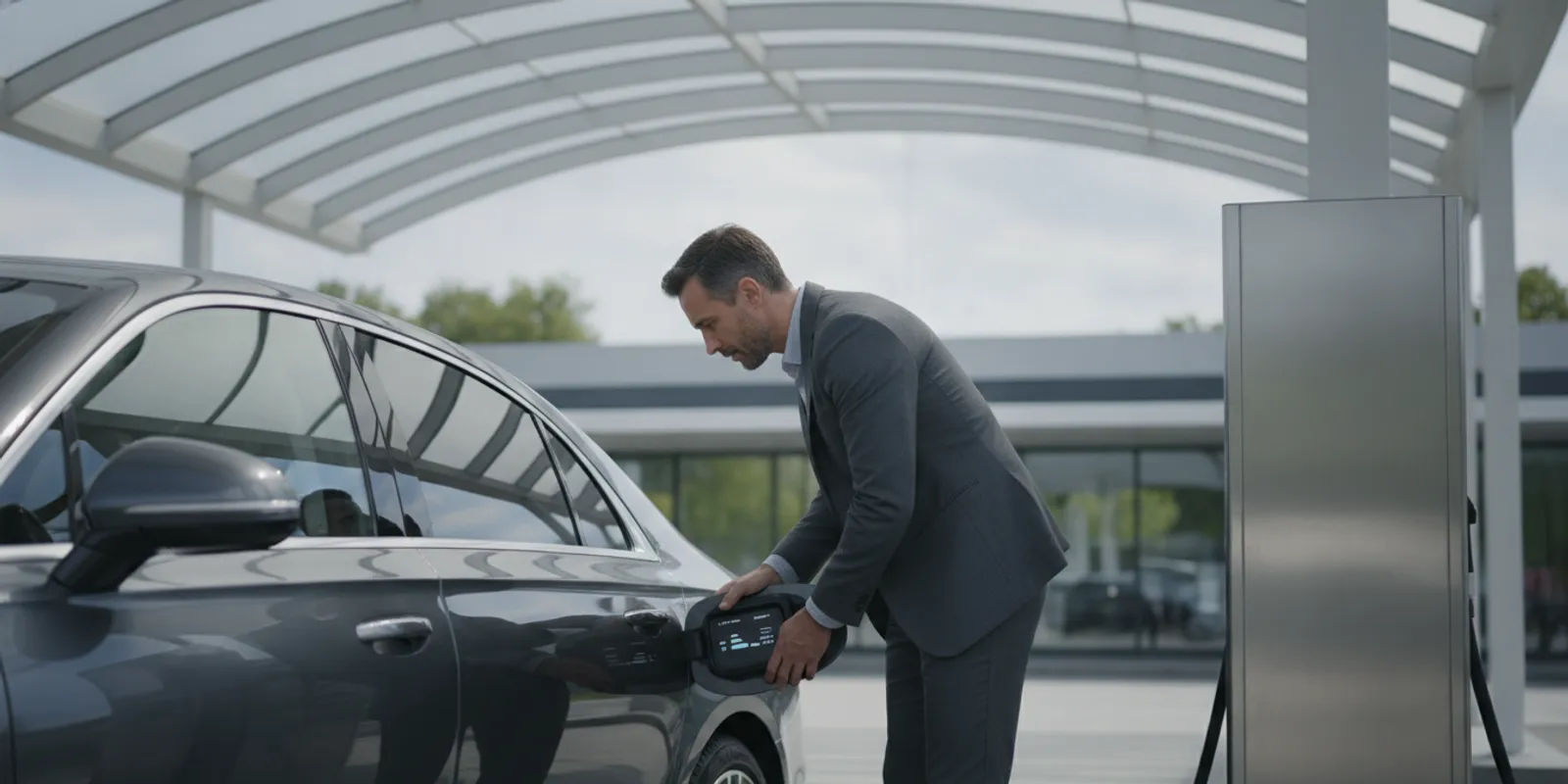 Luxury sedan at a fuel station with the owner checking the fuel door label