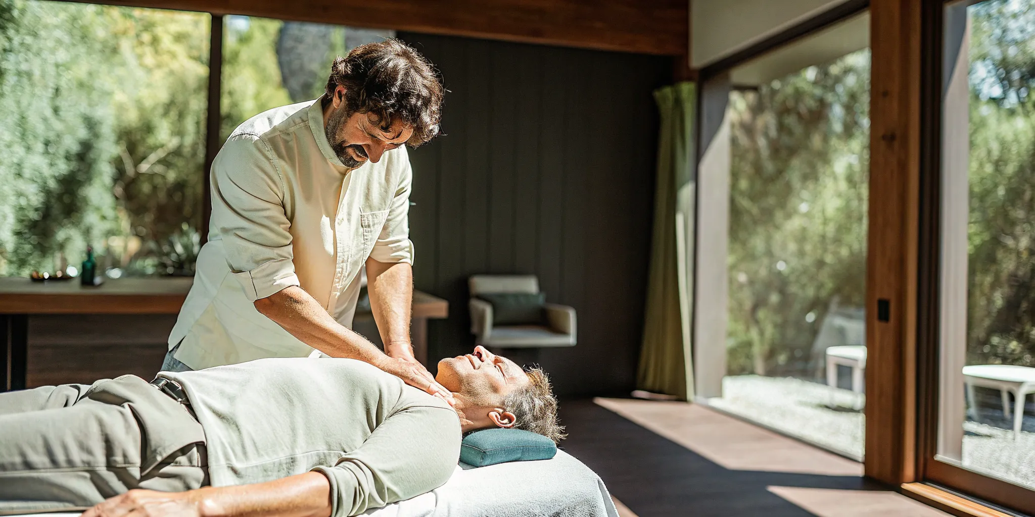 Chiropractor performing a gentle spinal adjustment on a relaxed patient on a treatment table in a bright wellness clinic