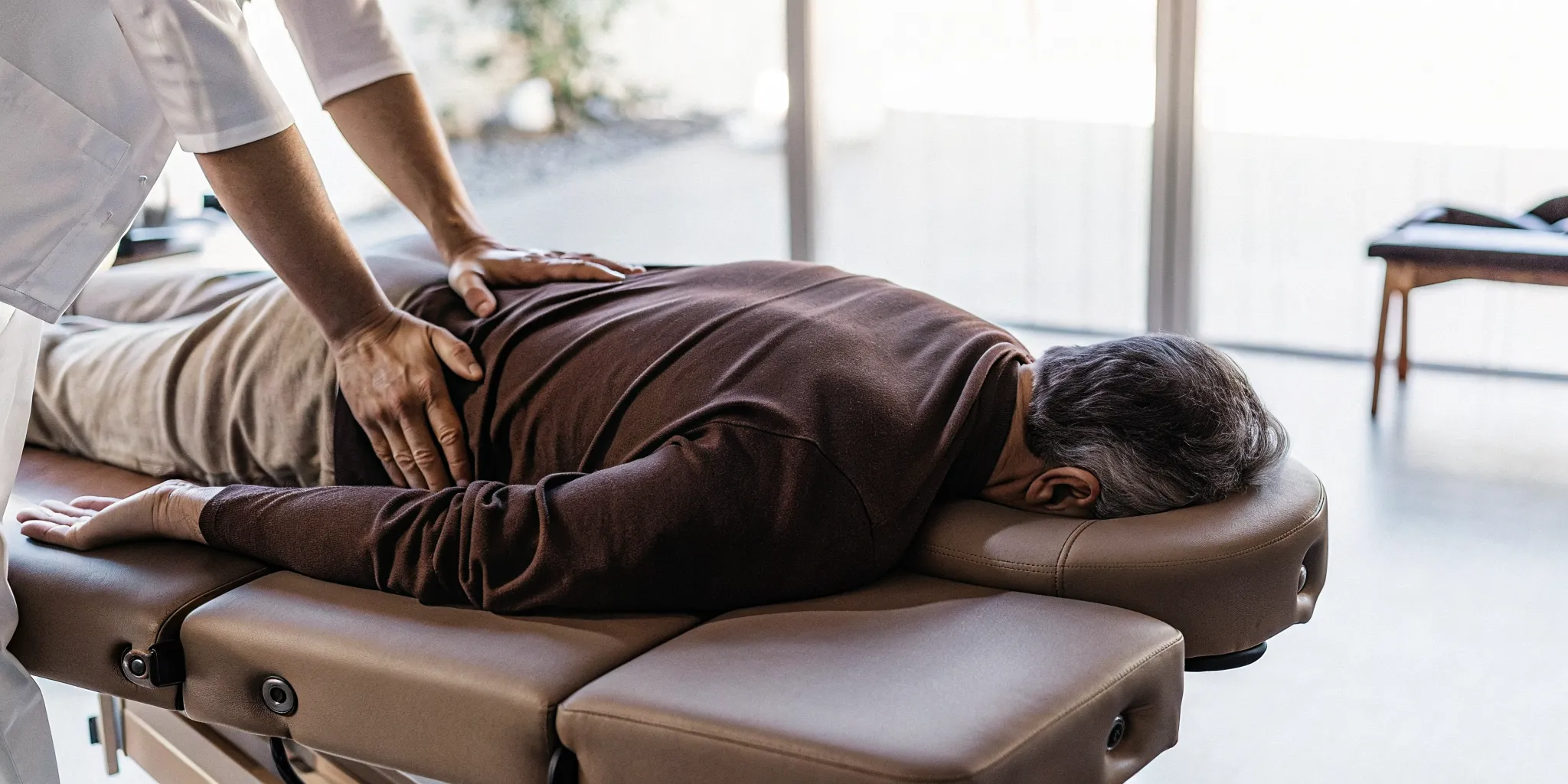 Patient receiving gentle non-surgical spinal decompression therapy for sciatica pain relief in a Glen Carbon clinic