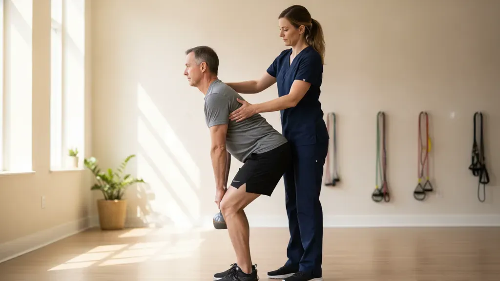 Clinician teaching a patient a controlled hip hinge for lower back pain when bending over