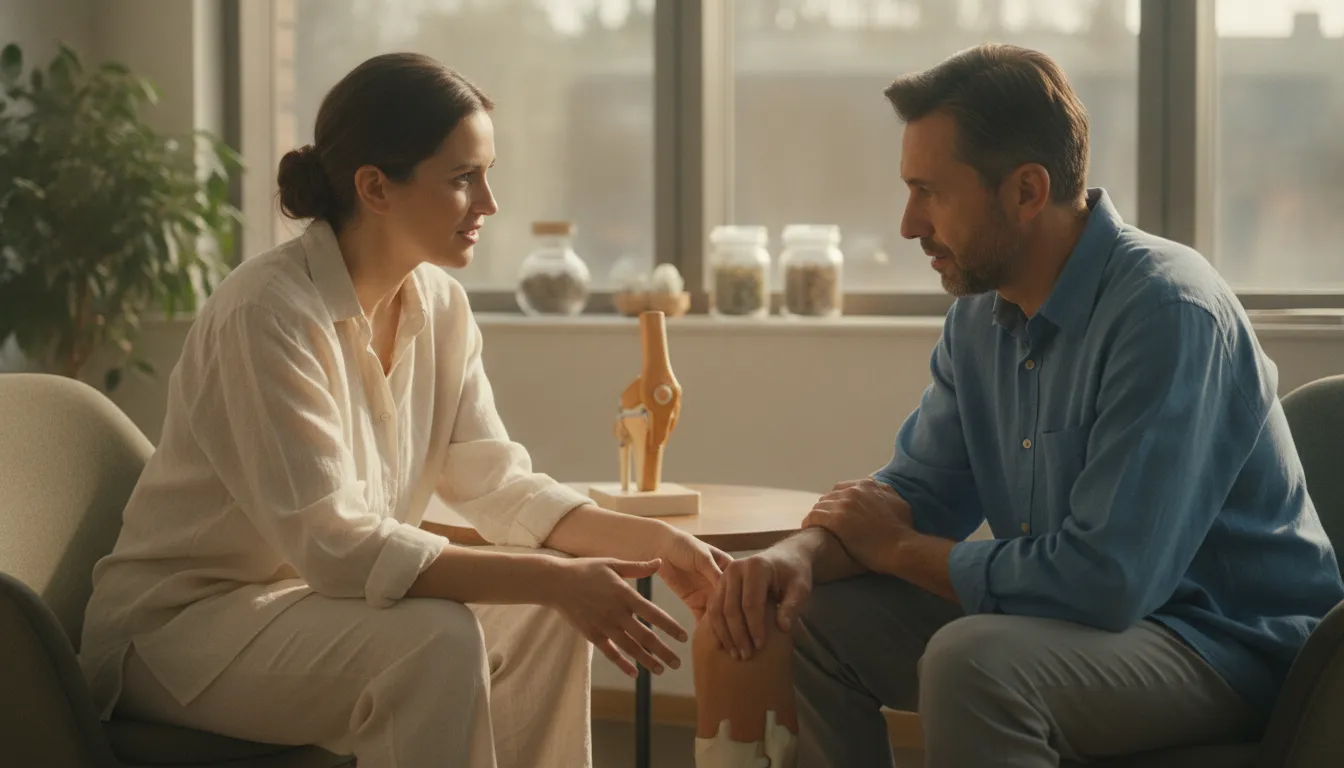 Clinician and patient reviewing a knee joint care plan