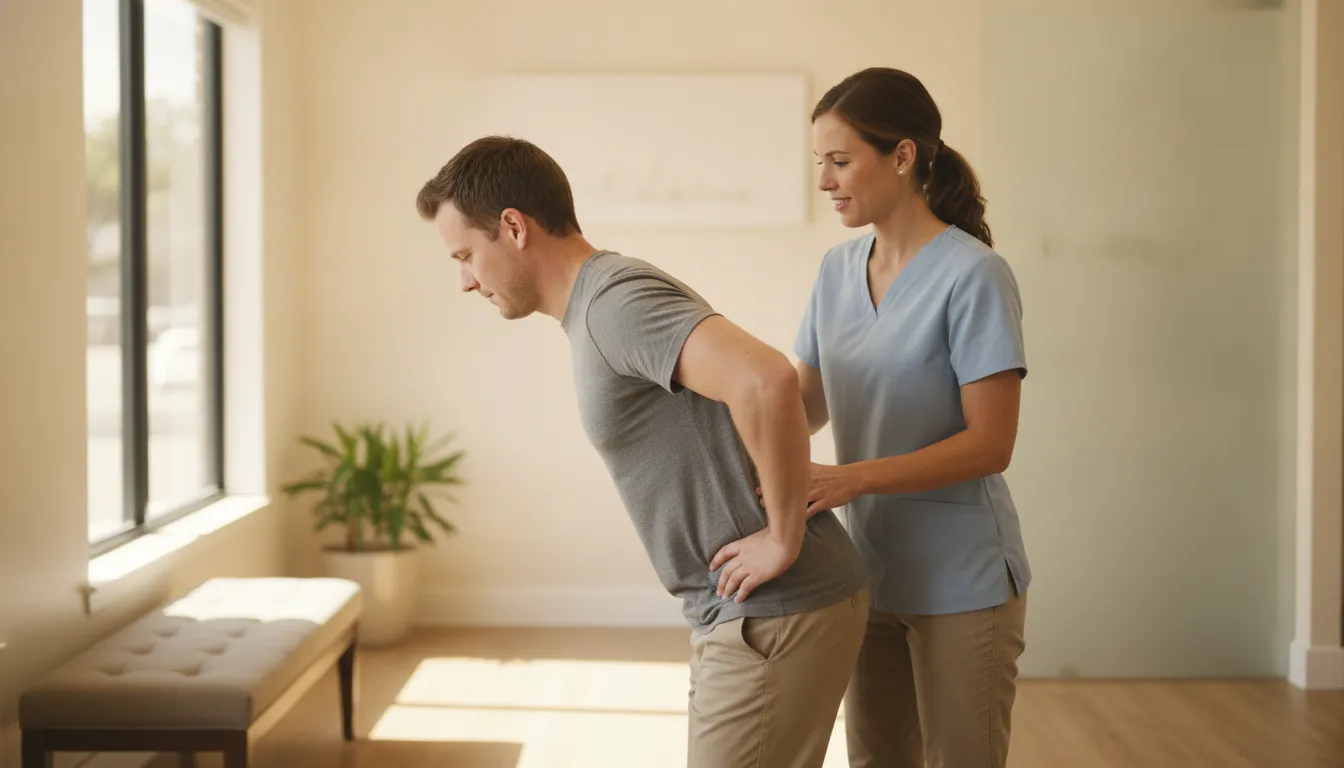 Clinician demonstrating a safe forward-bending movement for lower back pain