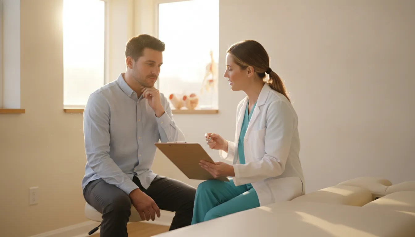 Patient reviewing a neck pain treatment plan with a medical provider