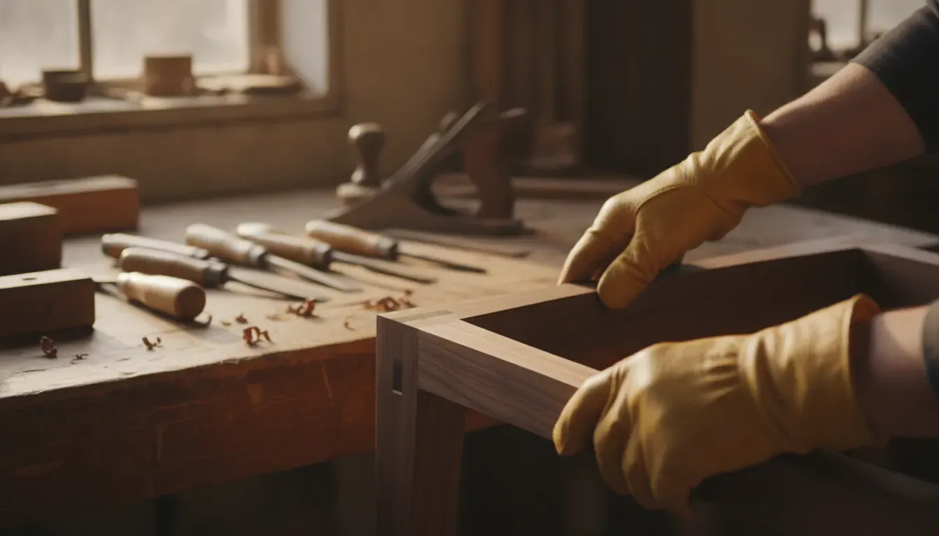 Craftsperson fitting a mortise-and-tenon joint in a solid walnut furniture frame