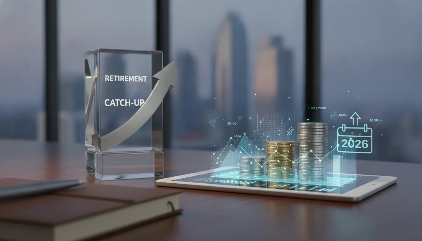 Tablet showing a 2026 calendar beside coins and a growth chart for retirement catch-up contributions.