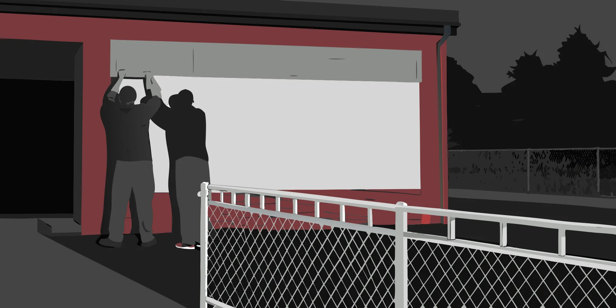 Installers measuring an outdoor display area while choosing banner size