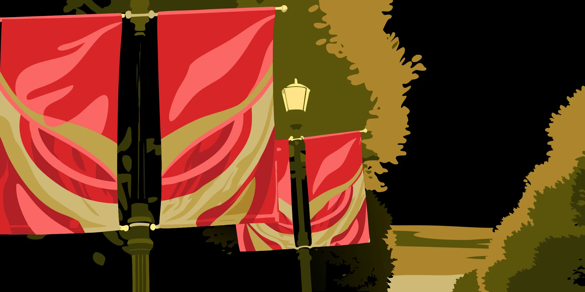 Illustration of pole banner installation process on street light poles with brackets and hardware