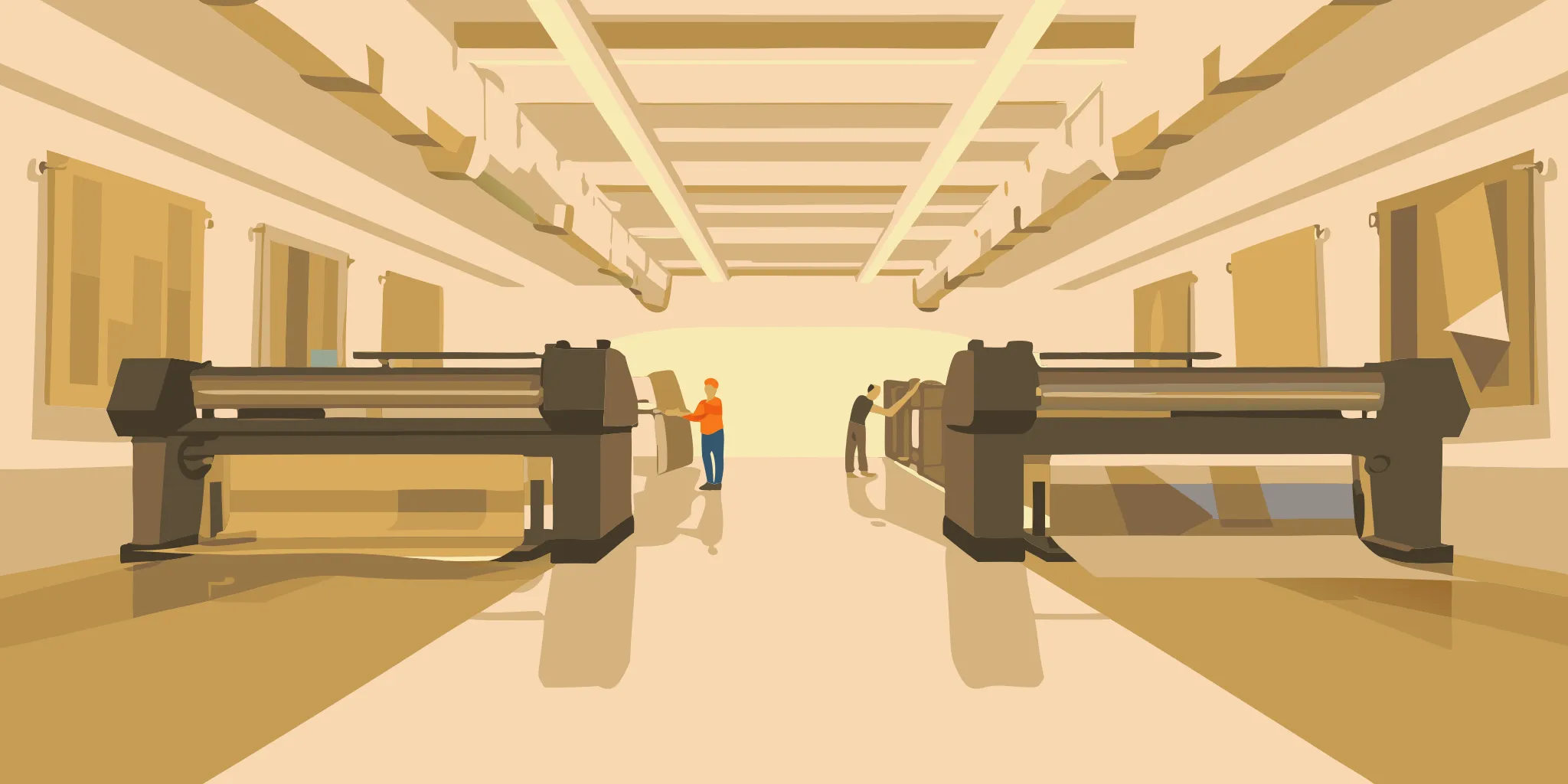 Industrial roll-to-roll wide format printer producing large banners inside a professional printing facility