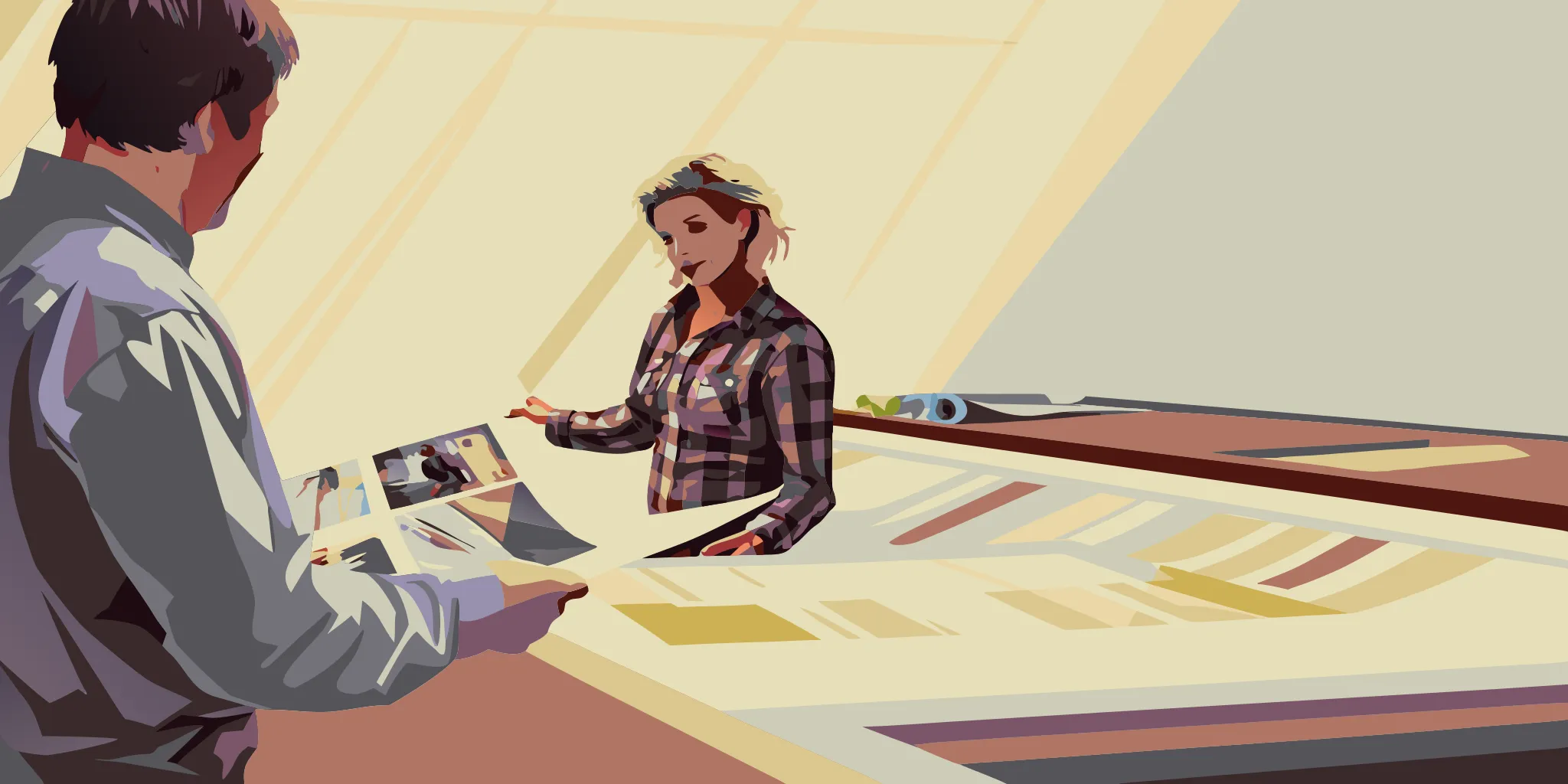 Business owner reviewing large format printed banner samples during a print shop consultation