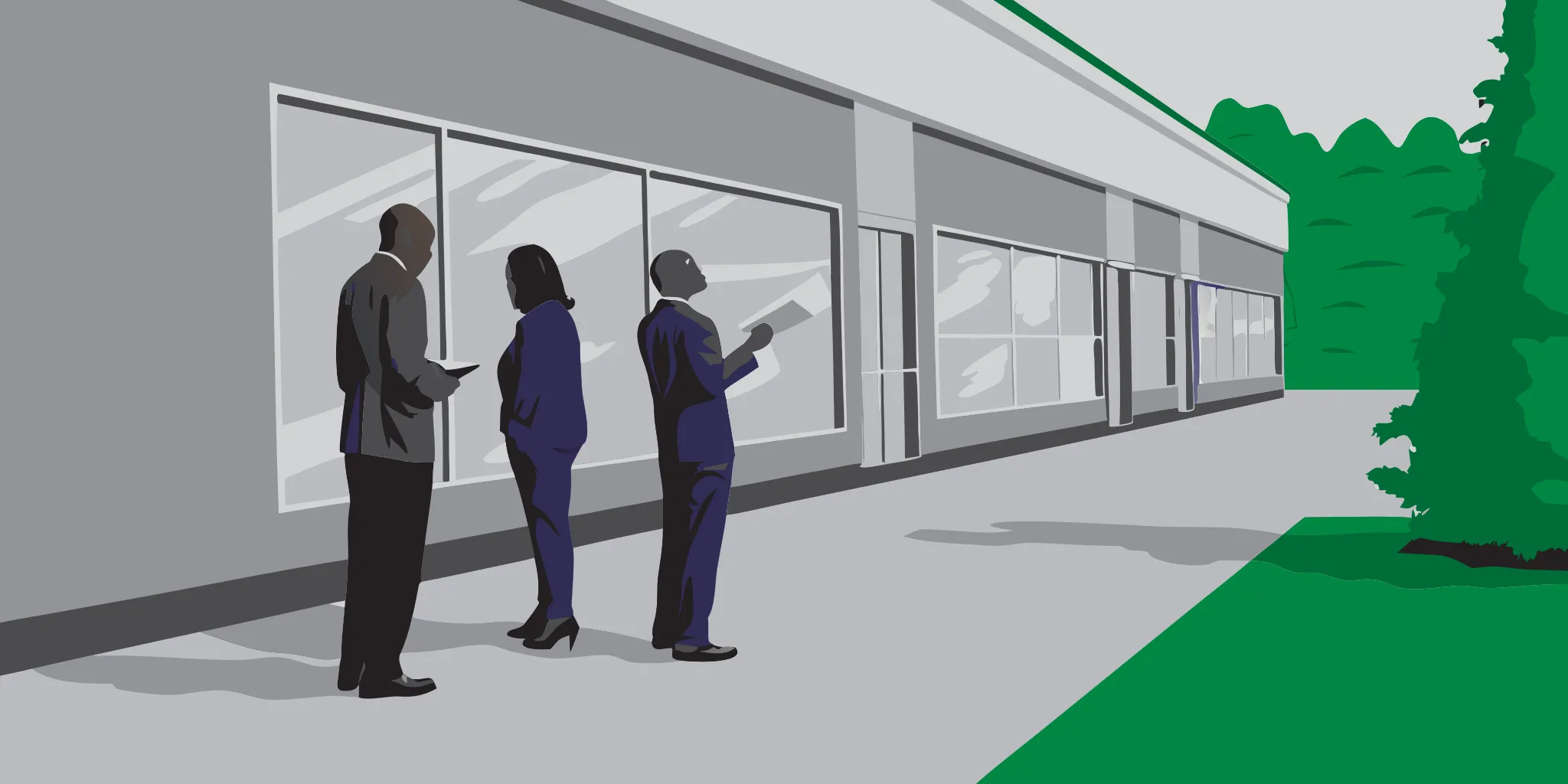 Signage professionals conducting a site survey and inspection at a commercial building for a multi-location signage rollout