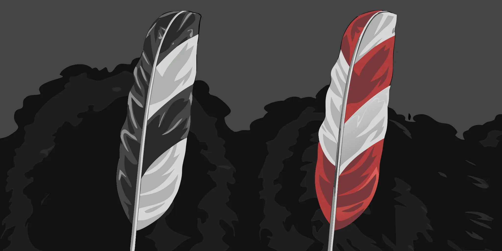 Custom flag and feather banner side by side showing their different shapes and mounting systems