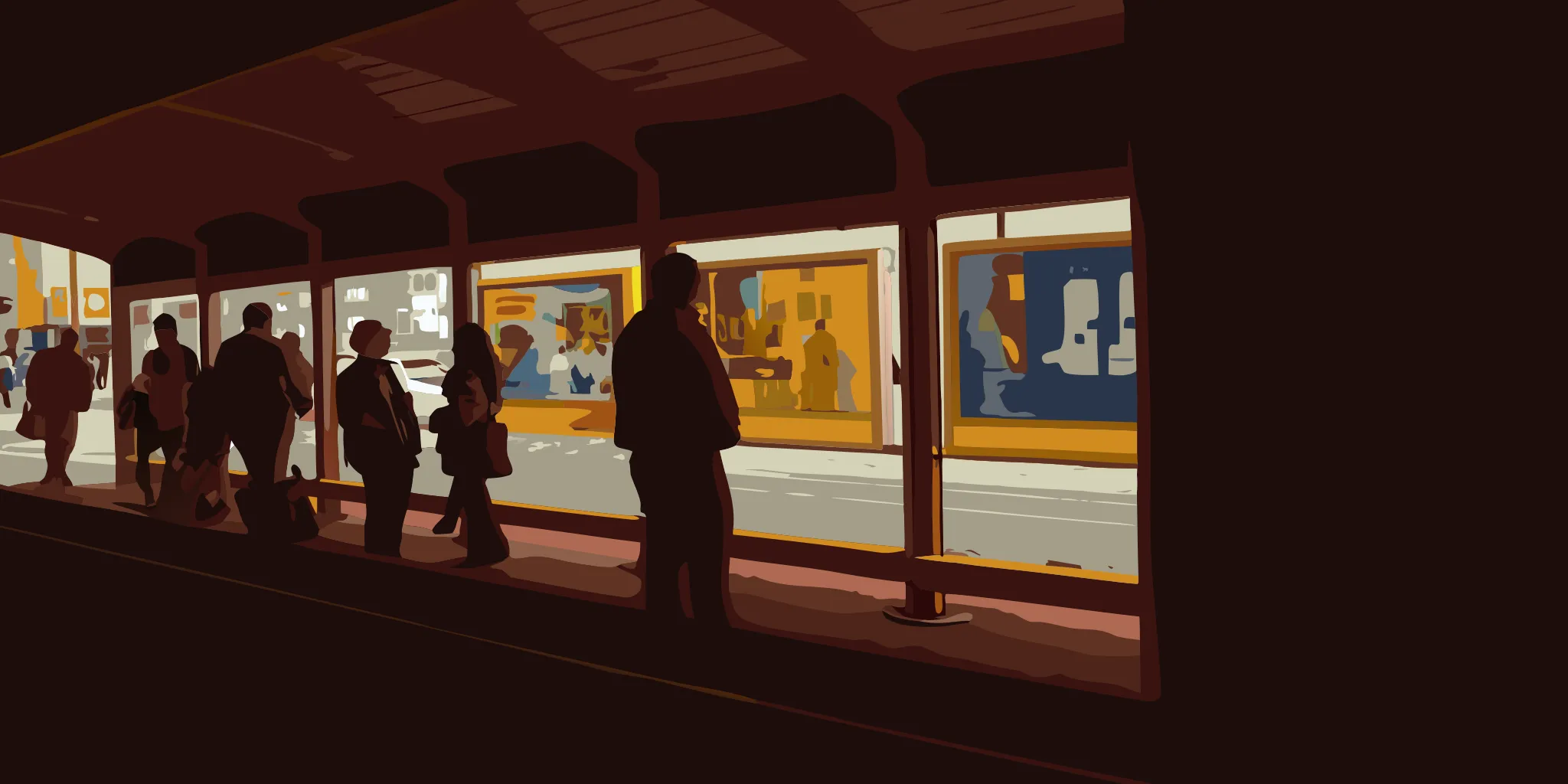 Transit bus shelter with a large advertising panel on a bright city street