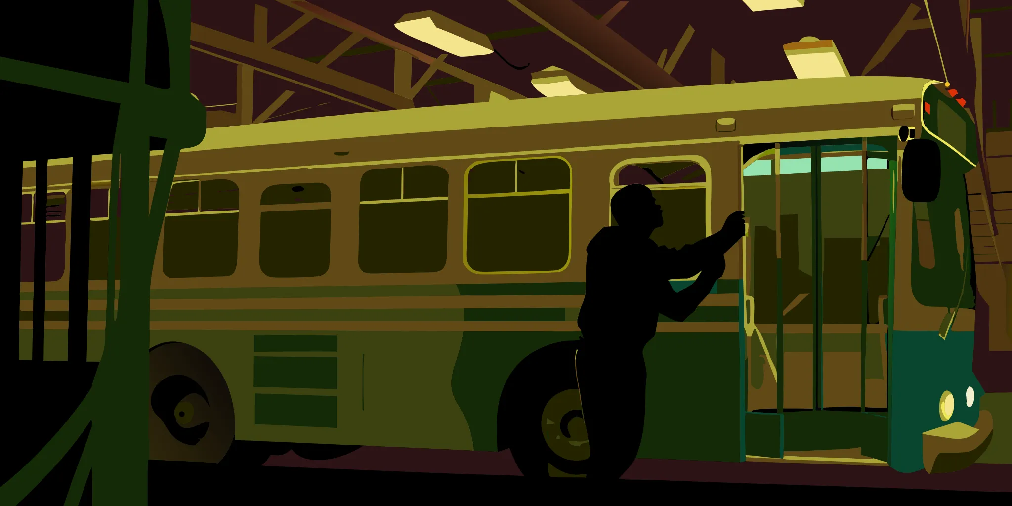 Transit bus wrap installation in progress at a print workshop with vinyl application tools visible