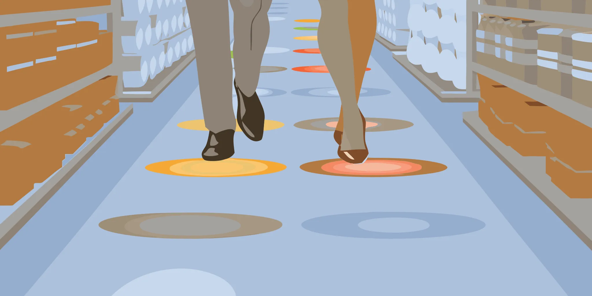 Retail store aisle with colorful custom floor graphics directing shoppers toward a promotional display
