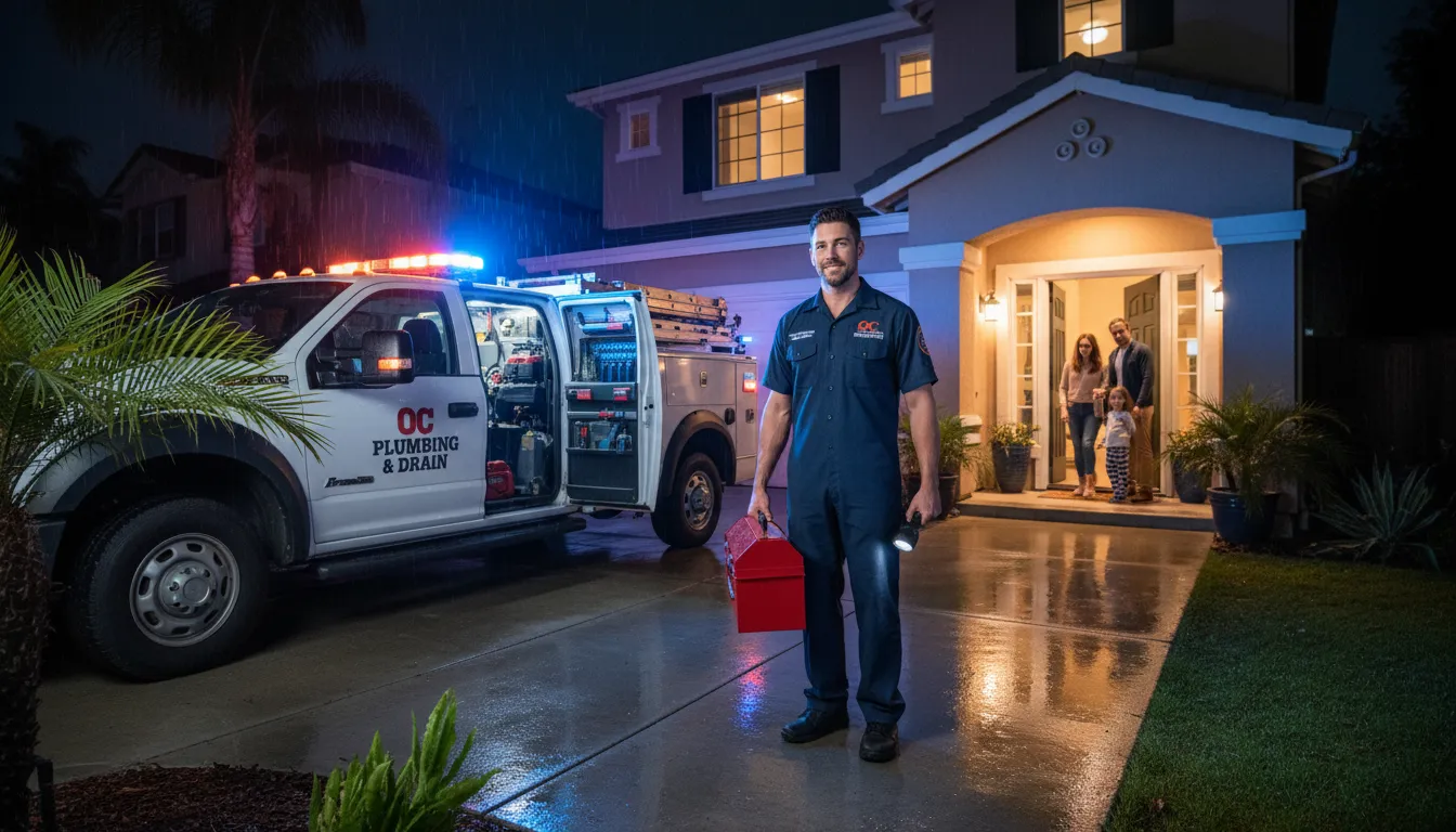 Licensed emergency plumber arriving at an Orange County home at night
