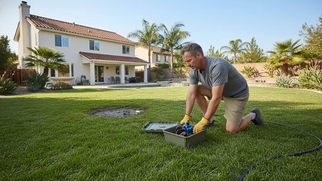 Homeowner inspecting a wet spot in an Orange County backyard lawn caused by an underground irrigation leak
