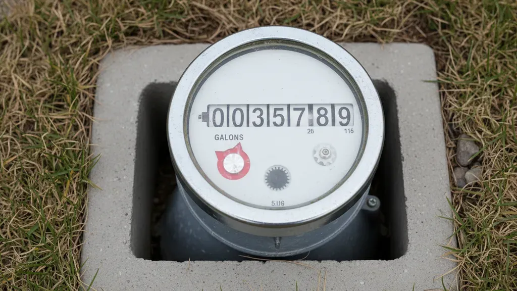 Close-up of an analog water meter dial showing the low-flow leak indicator triangle