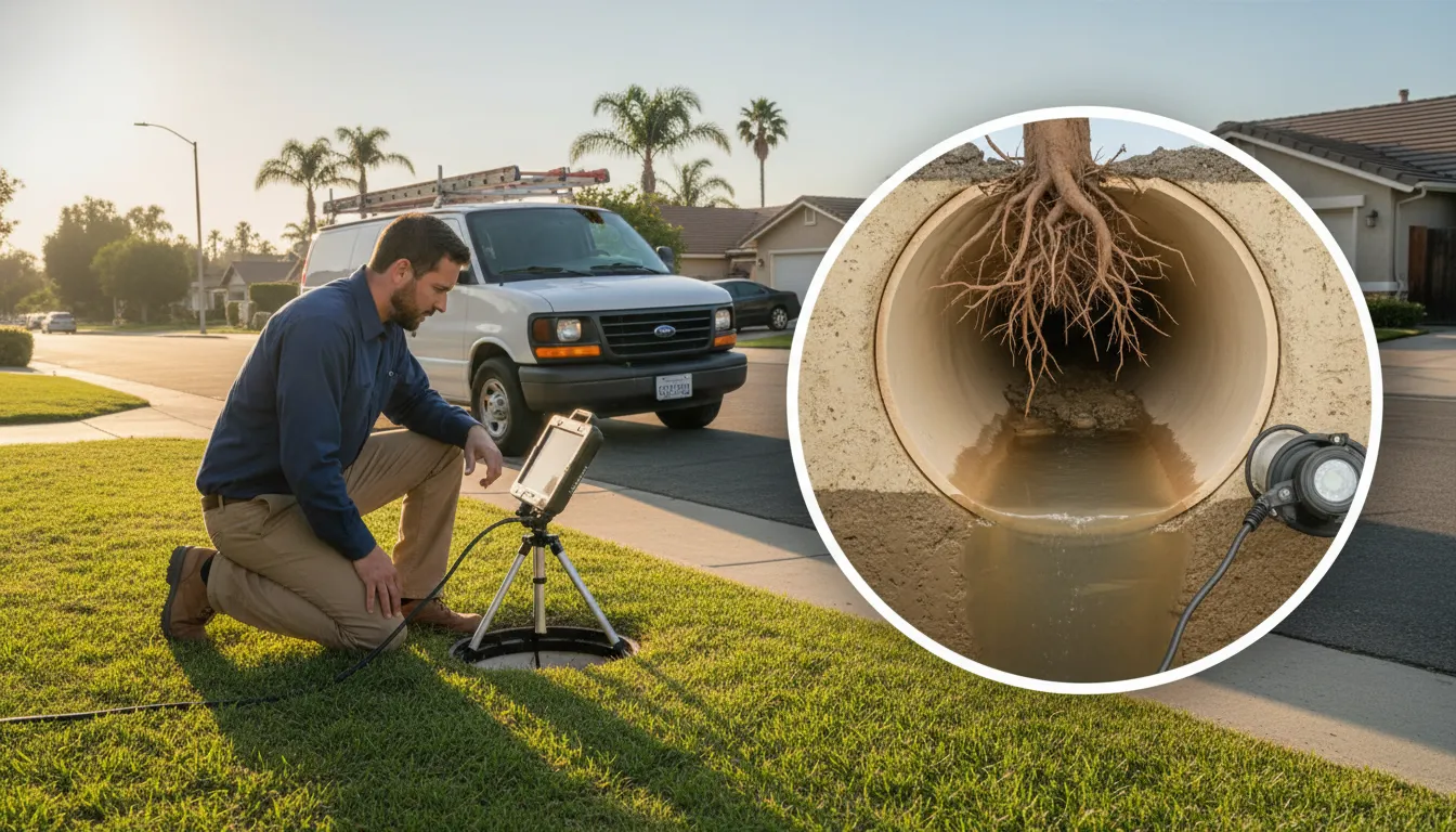 Camera inspection view used to evaluate sewer line bellies in Orange County
