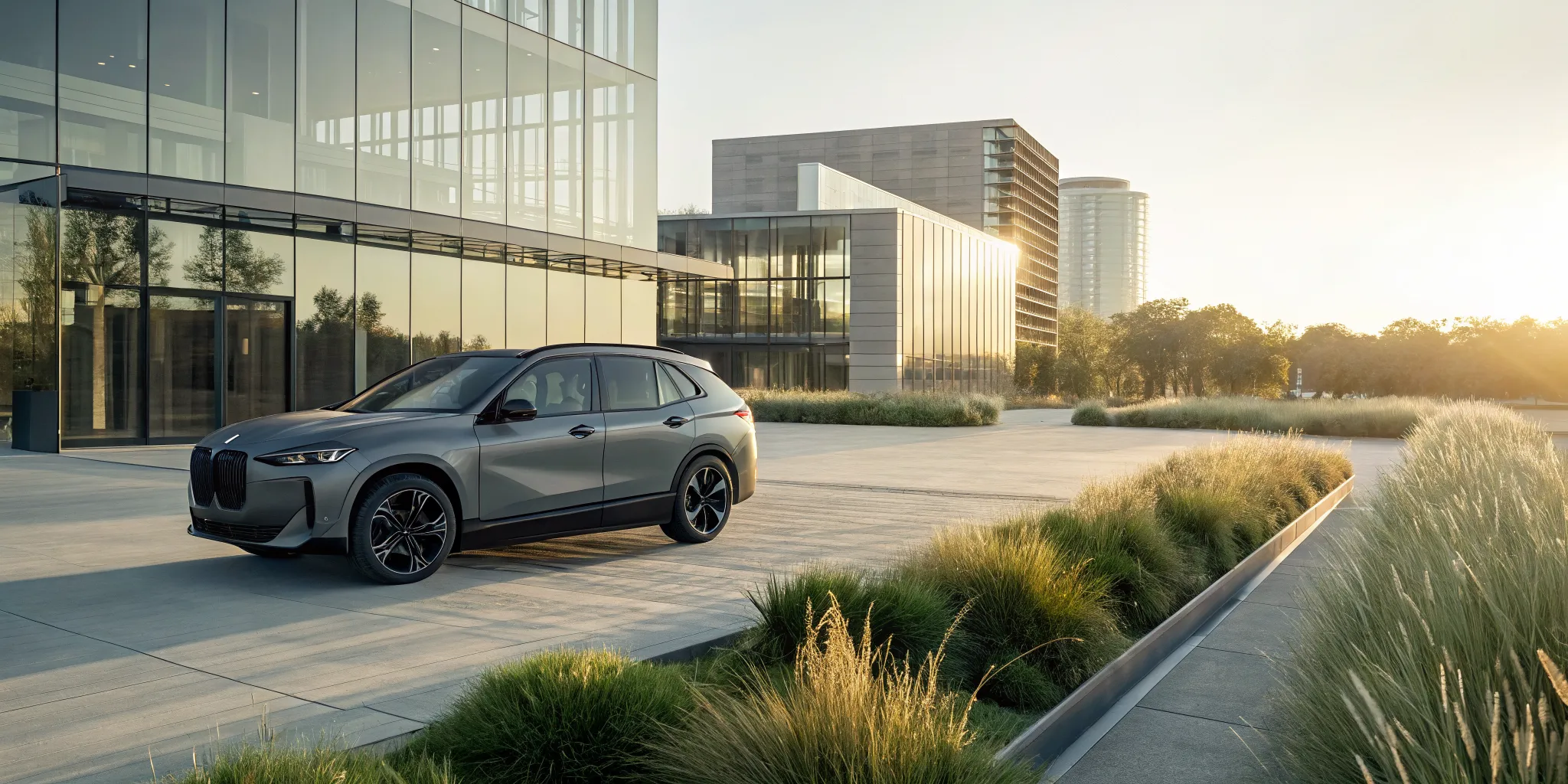 2025 BMW iX xDrive50 for sale in Plano, Texas, parked outside a modern building.